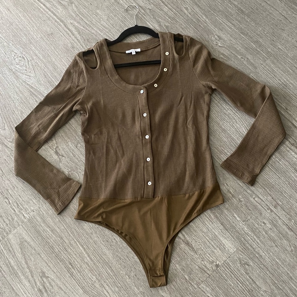 white birch Olive Brown Ribbed Long Sleeve Bodysuit